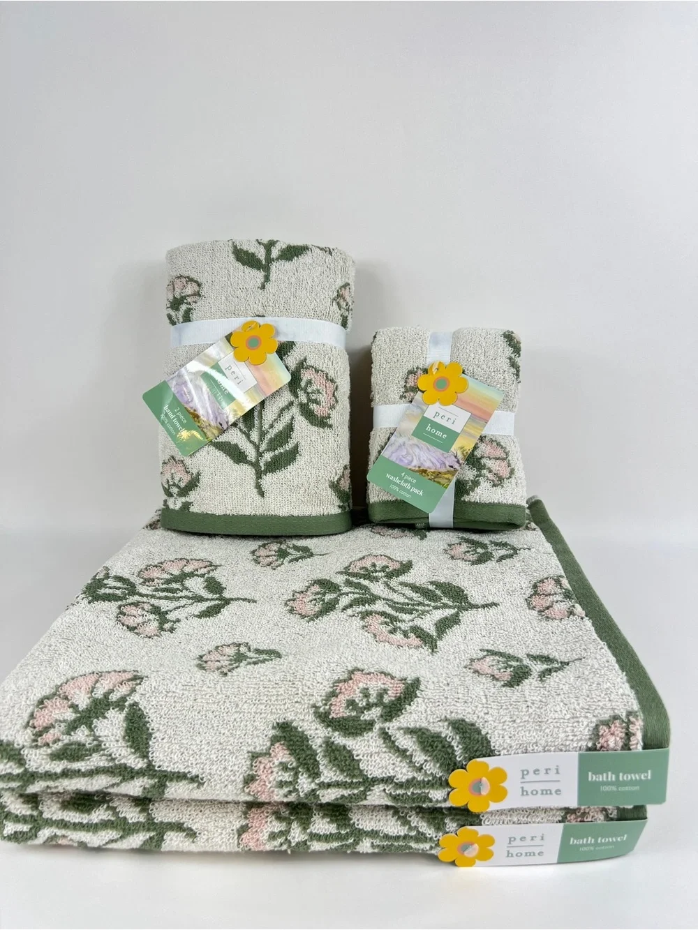 Peri Home Bath Towel Set Green Pink Off White Floral Design 100% Cotton 8 Pc NEW